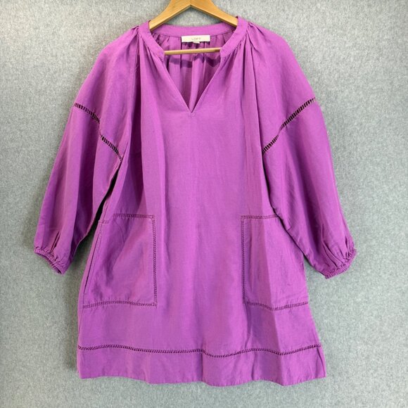 LOFT Purple Cutout Linen Blend Pocket Dress Tunic Womens Medium 3/4 Puff Sleeve - Picture 1 of 16